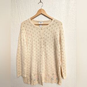 Vintage Monterey By Koret Cream Embroidered Floral Linen Cardigan Size Large